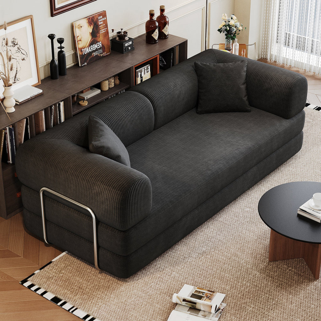 78.8' Compression Sofa,Convertible Floor Sofa Bed-with Pillow Back Support Armrest,Comfy Futon Couch Sleeper Bed,Loveseats Boneless Modular Sectional Sofa,Corduroy fabric,for Living Room,Bedroom,Black