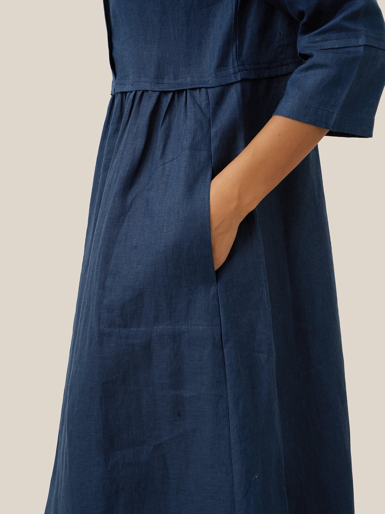 100% Linen Loose Fit Button Waist Gathered Midi Dress LUNA