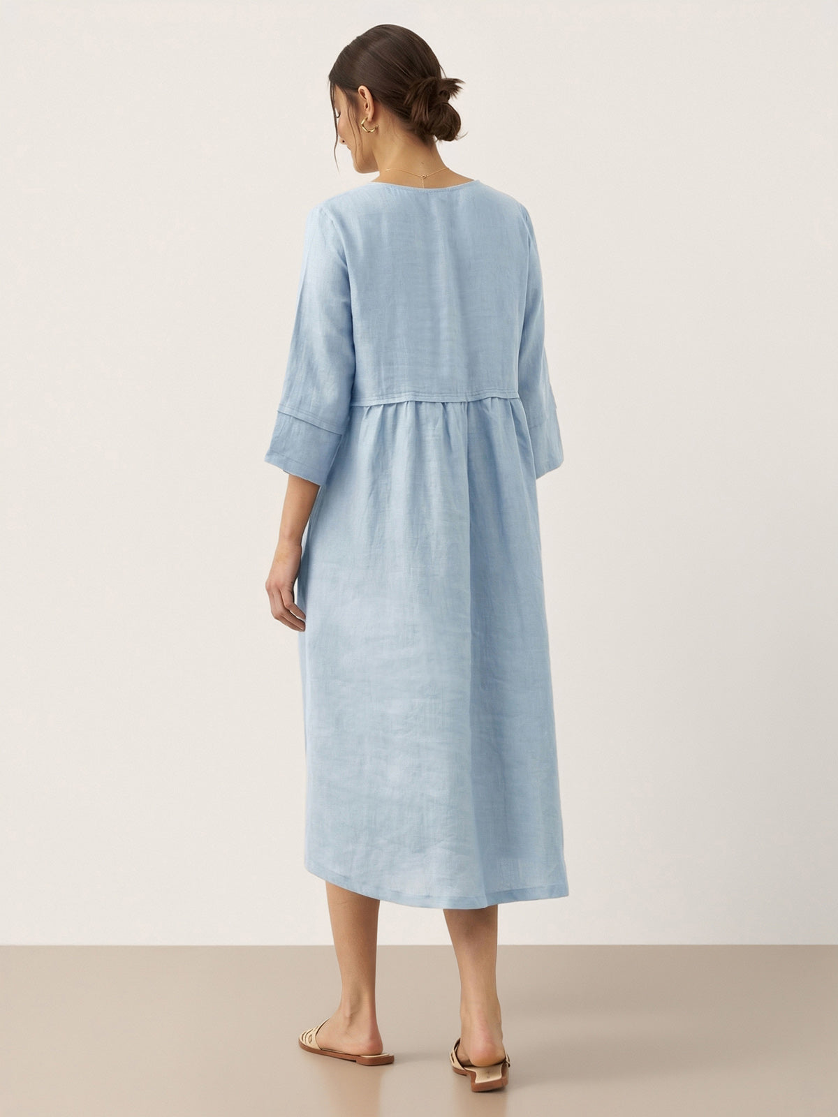 100% Linen Loose Fit Button Waist Gathered Midi Dress LUNA