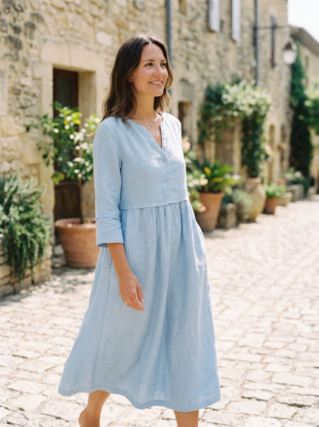 100% Linen Loose Fit Button Waist Gathered Midi Dress LUNA