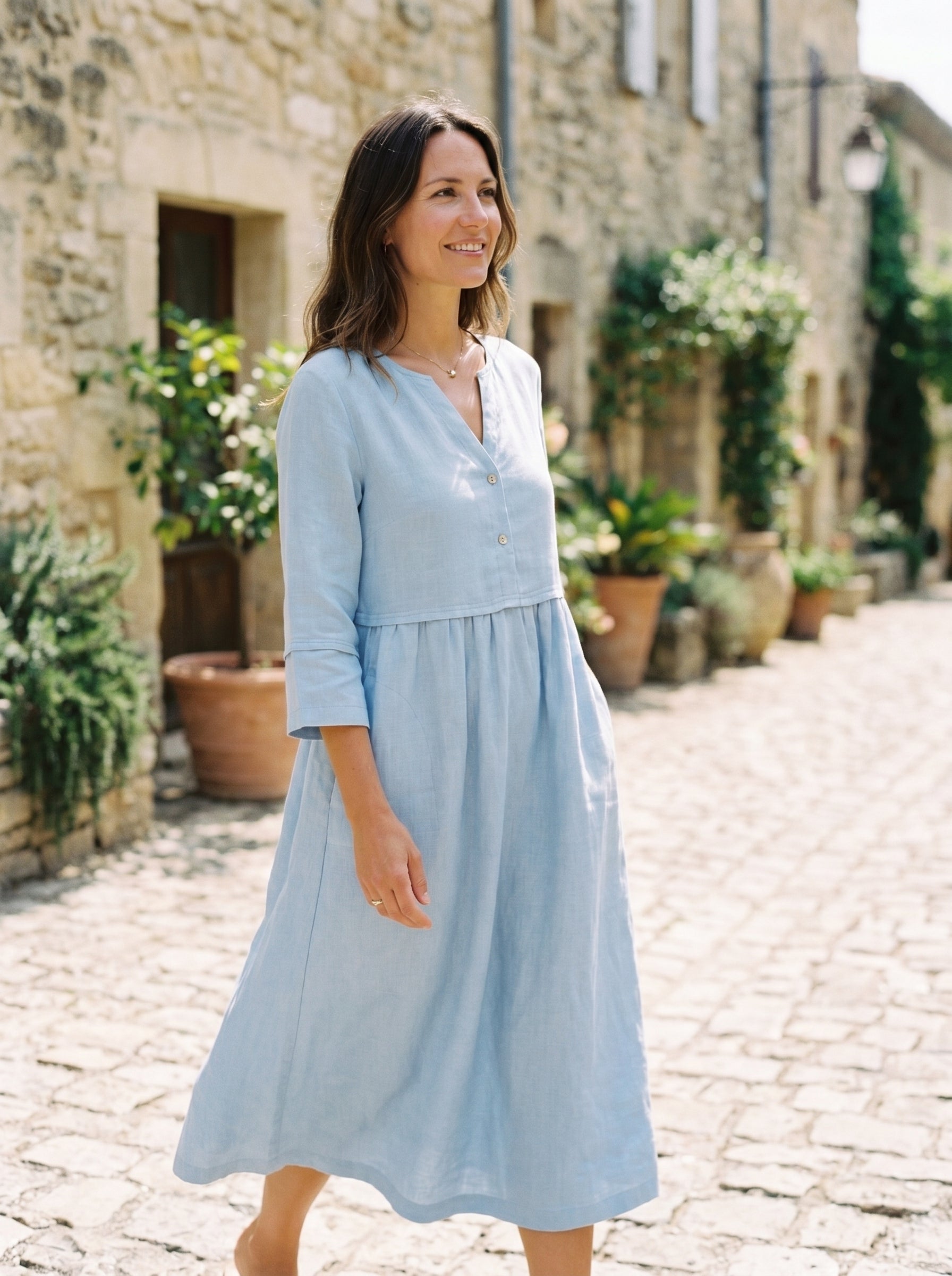 100% Linen Loose Fit Button Waist Gathered Midi Dress LUNA