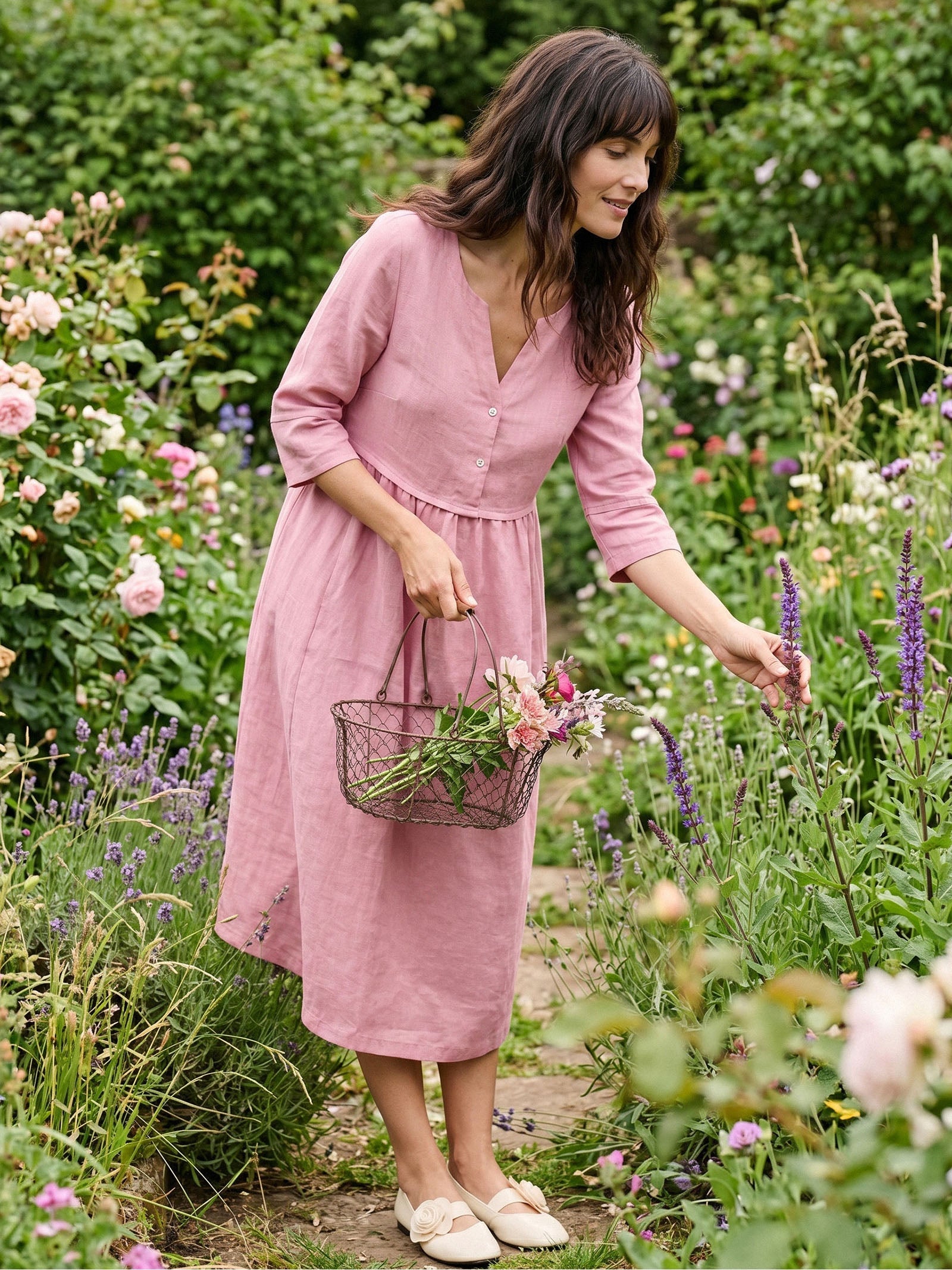 100% Linen Loose Fit Button Waist Gathered Midi Dress LUNA