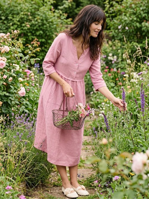 100% Linen Loose Fit Button Waist Gathered Midi Dress LUNA