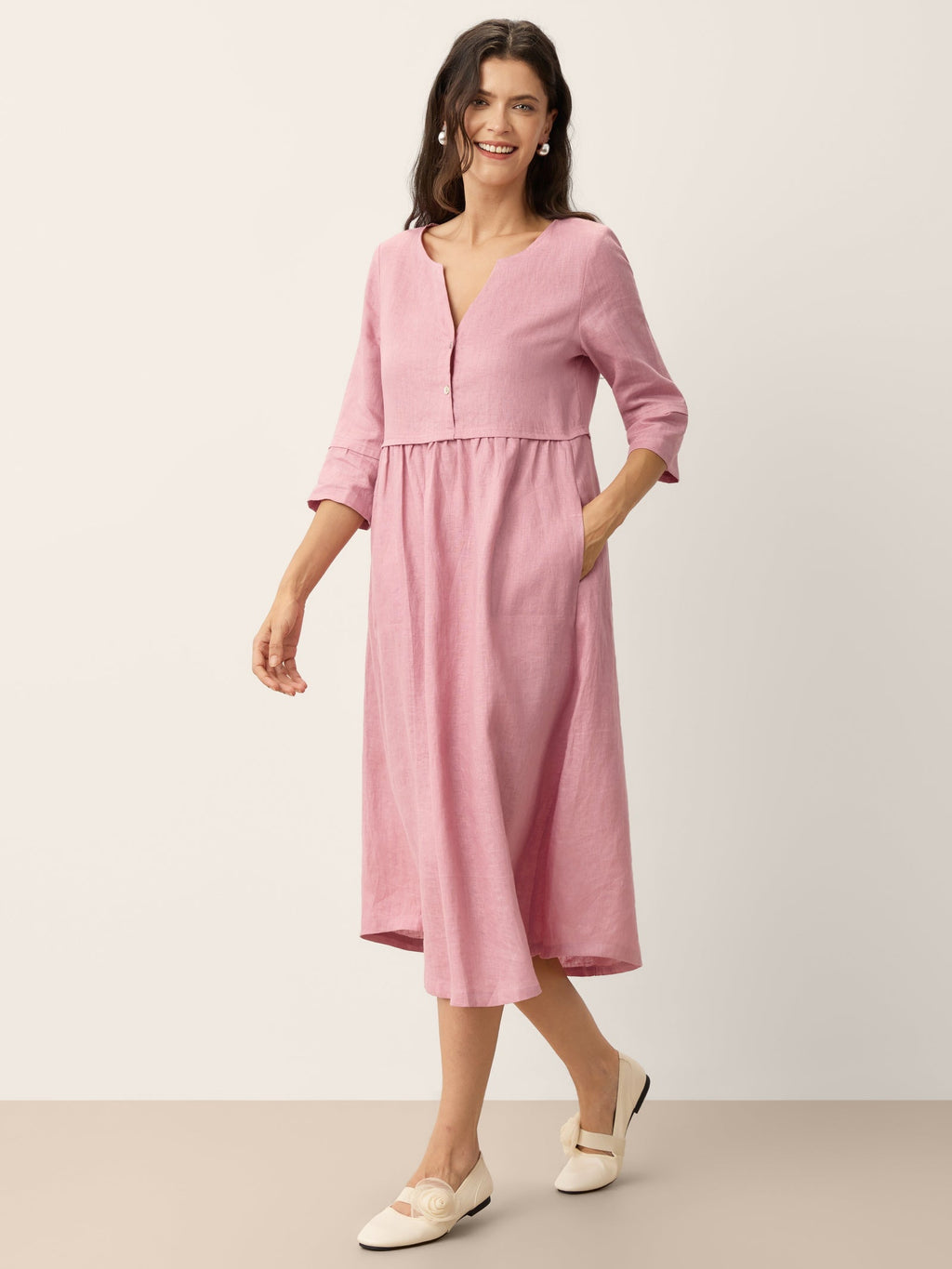 100% Linen Loose Fit Button Waist Gathered Midi Dress LUNA