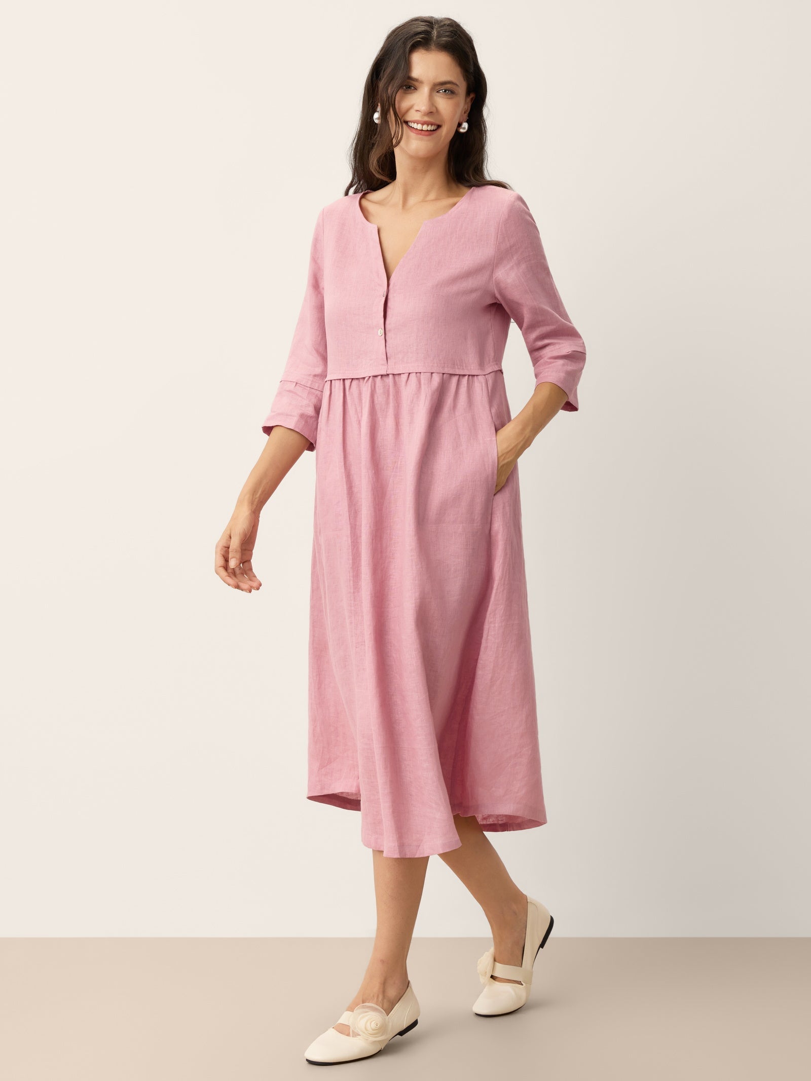 100% Linen Loose Fit Button Waist Gathered Midi Dress LUNA