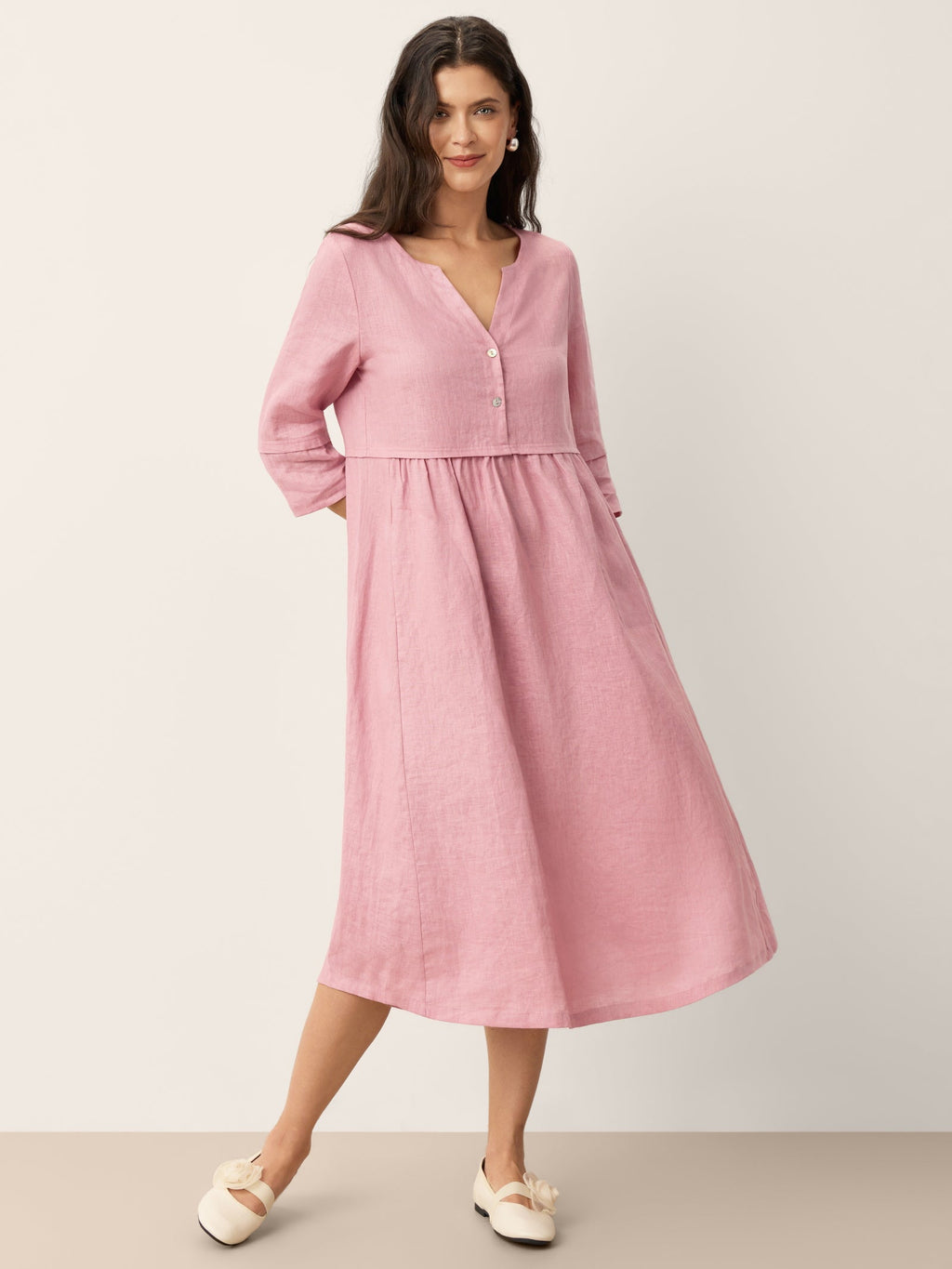 100% Linen Loose Fit Button Waist Gathered Midi Dress LUNA