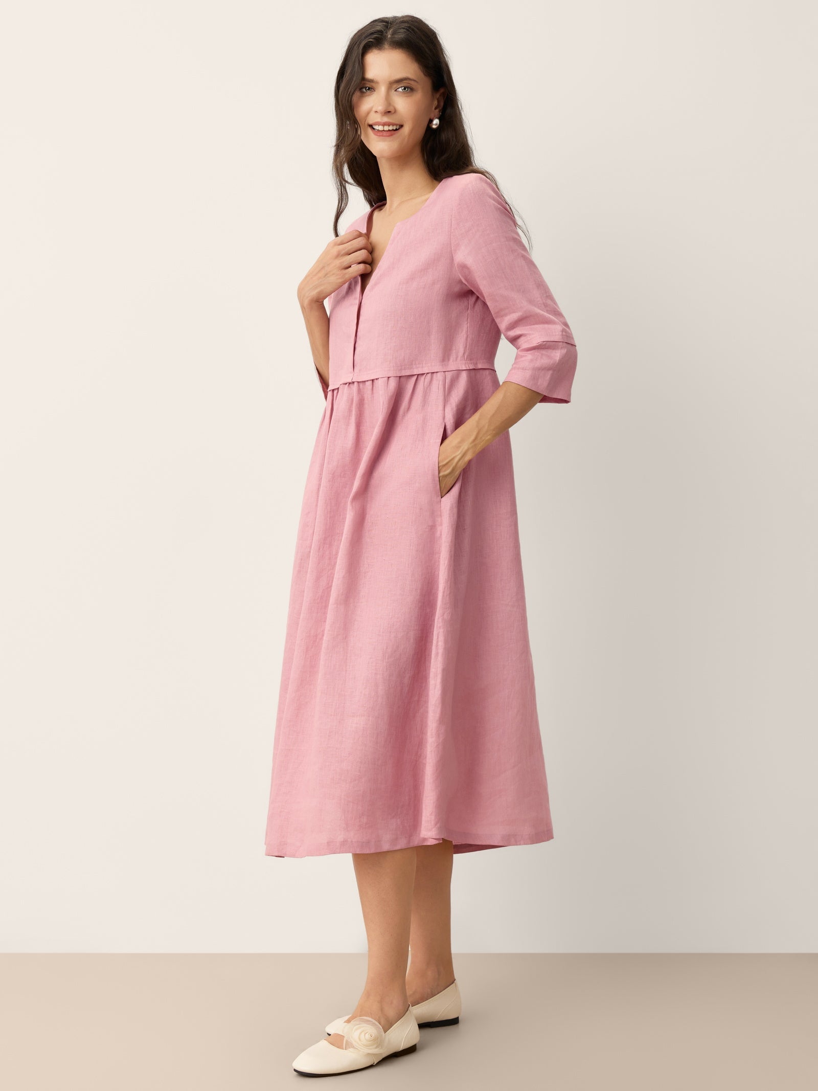 100% Linen Loose Fit Button Waist Gathered Midi Dress LUNA