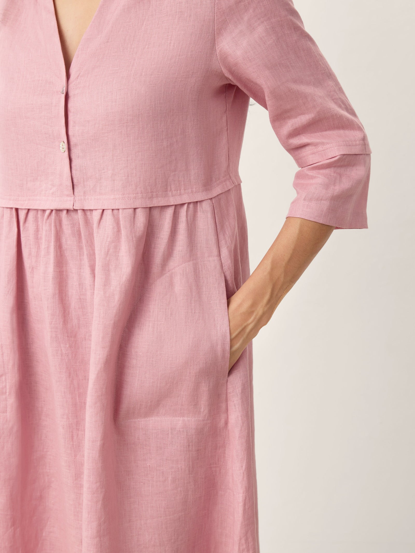 100% Linen Loose Fit Button Waist Gathered Midi Dress LUNA