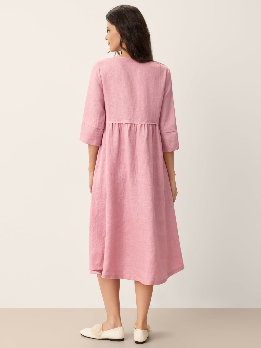 100% Linen Loose Fit Button Waist Gathered Midi Dress LUNA