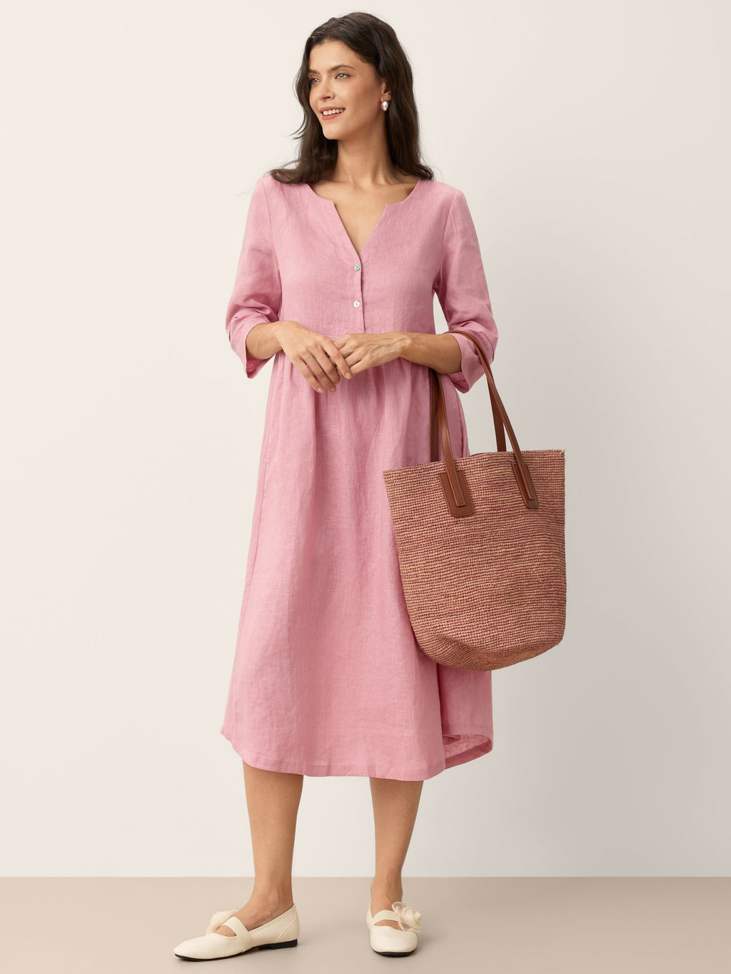 100% Linen Loose Fit Button Waist Gathered Midi Dress LUNA