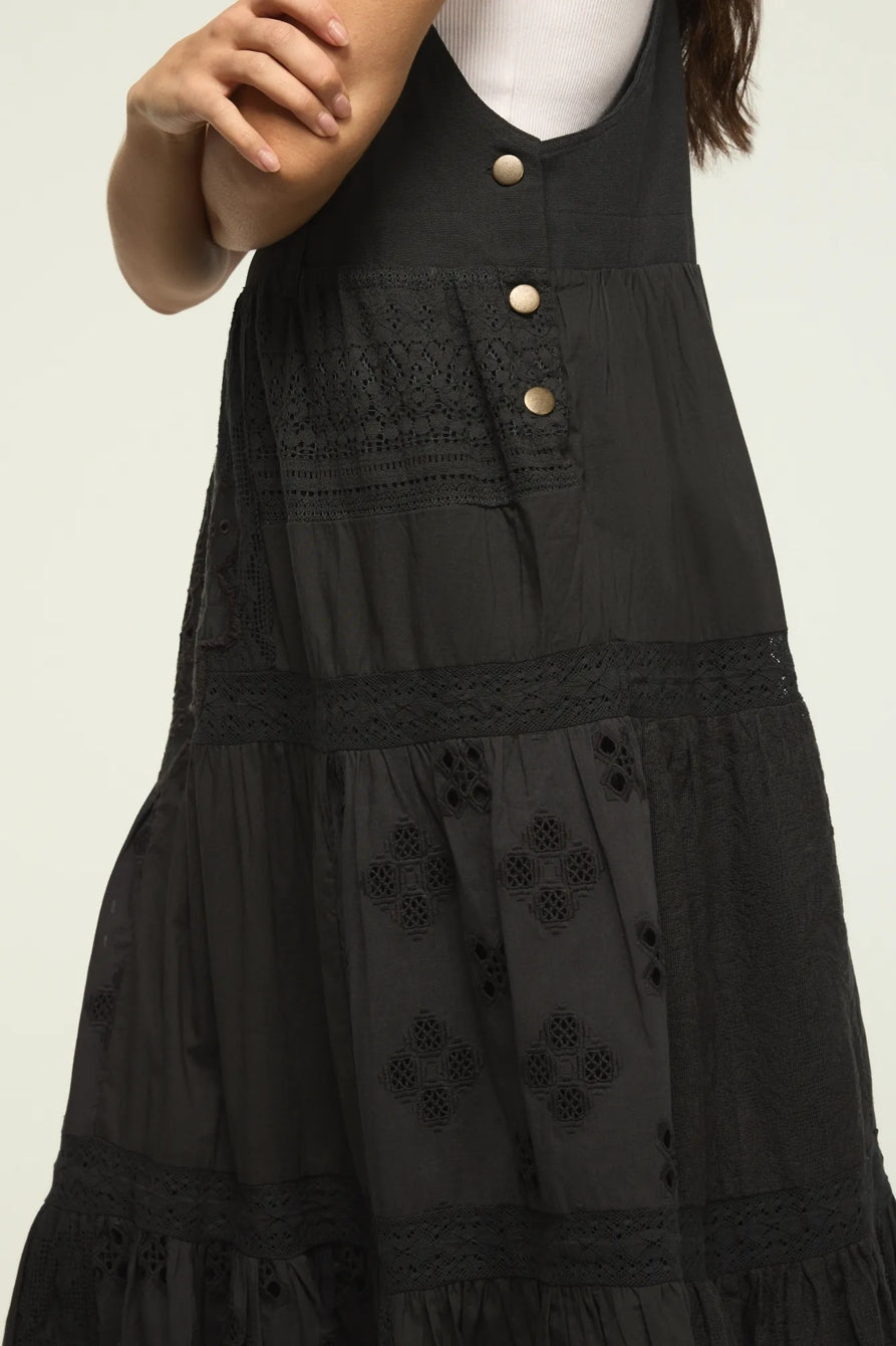 [167315-001] WOMENS LUCKY BRAND CUTWORK OVERALL MAXI DRESS - RAVEN