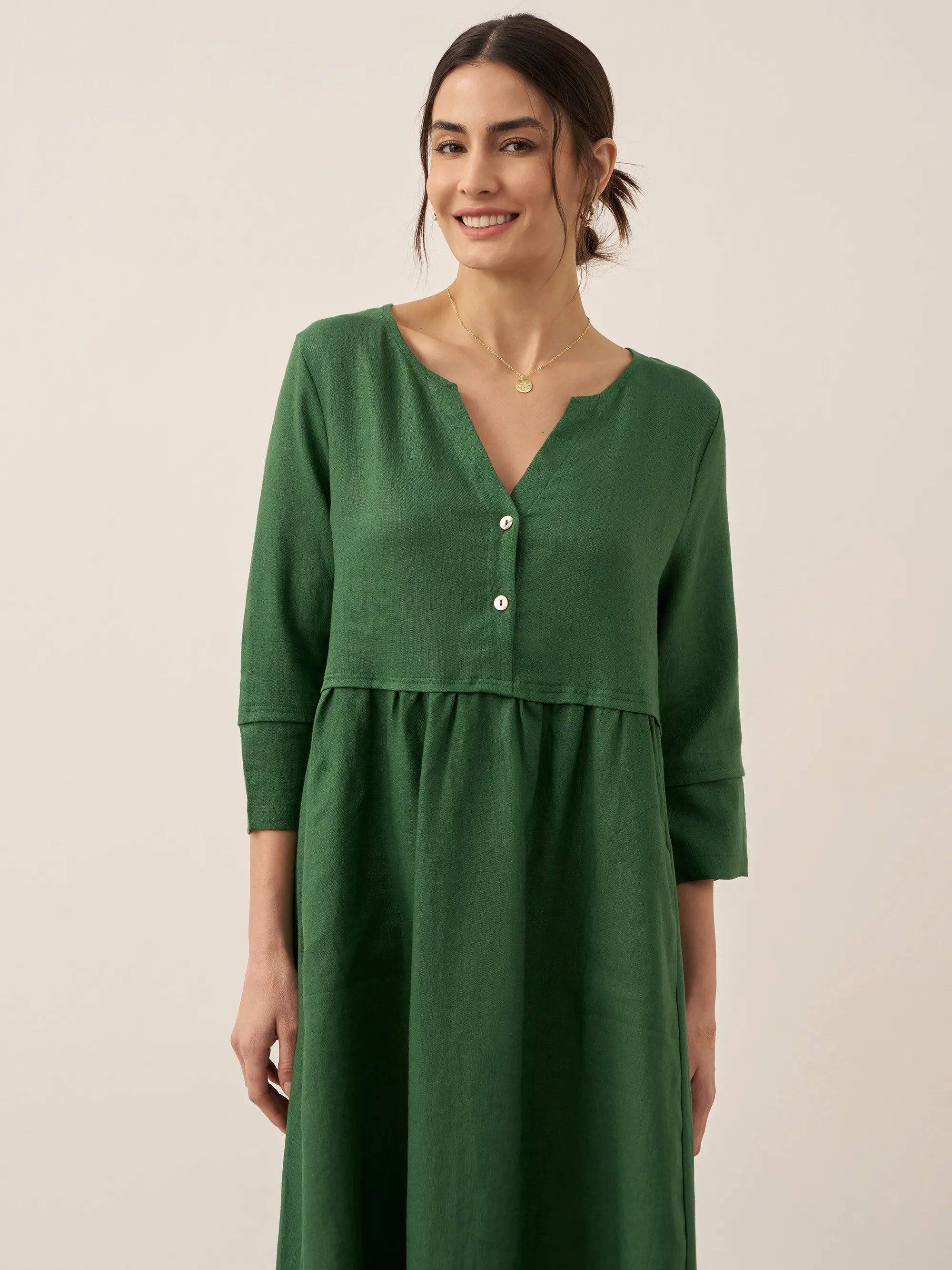 100% Linen Loose Fit Button Waist Gathered Midi Dress LUNA