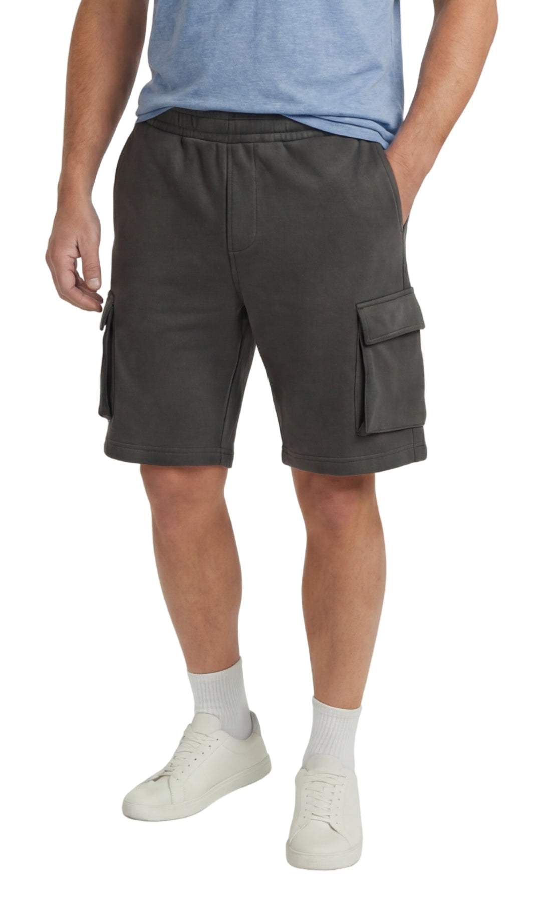 Men's Fleece Cargo Shorts — Elastic Waist Multi-Pocket Sweat Shorts