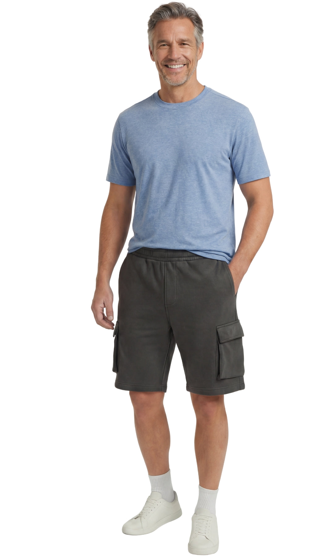 Men's Fleece Cargo Shorts — Elastic Waist Multi-Pocket Sweat Shorts