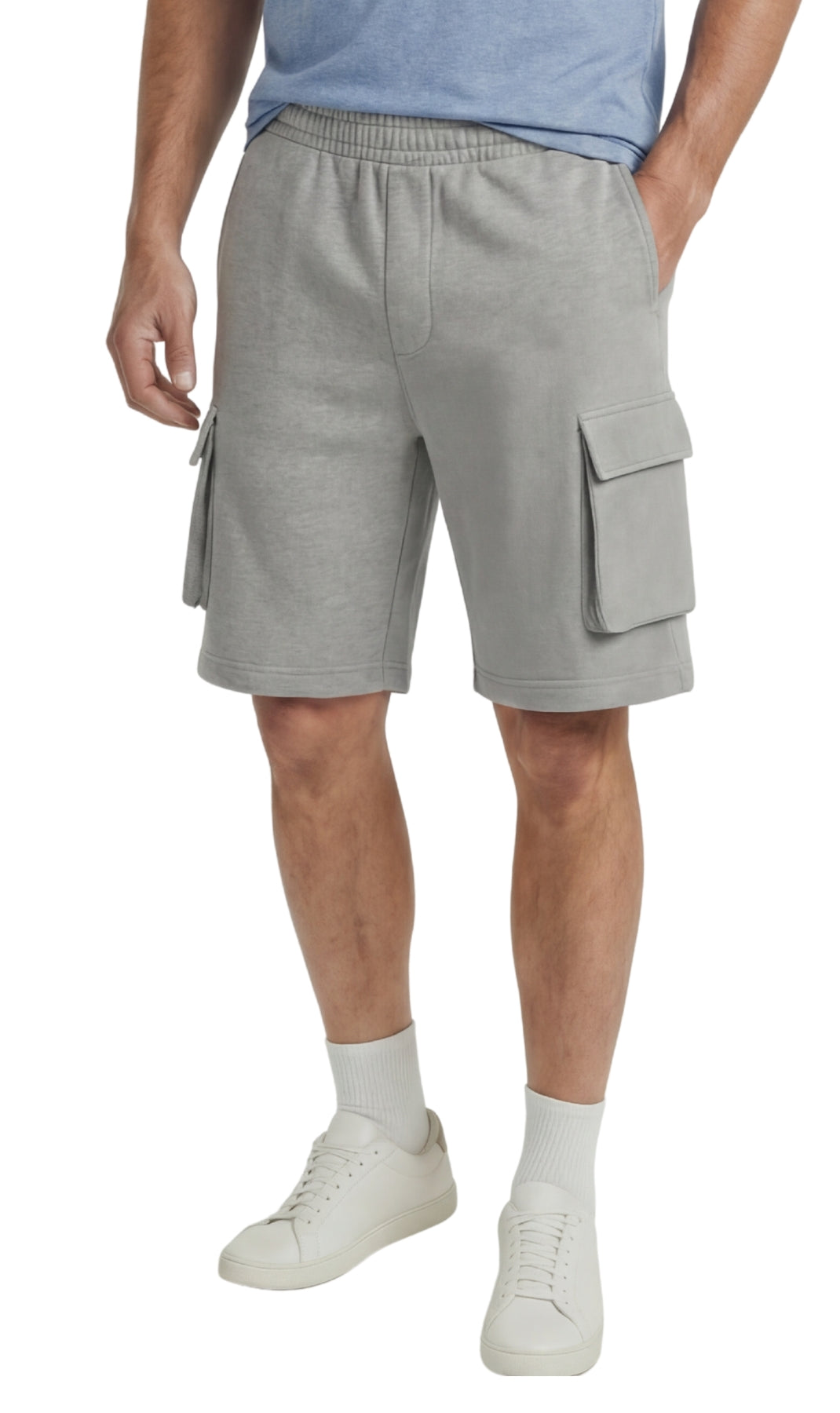 Men's Fleece Cargo Shorts — Elastic Waist Multi-Pocket Sweat Shorts