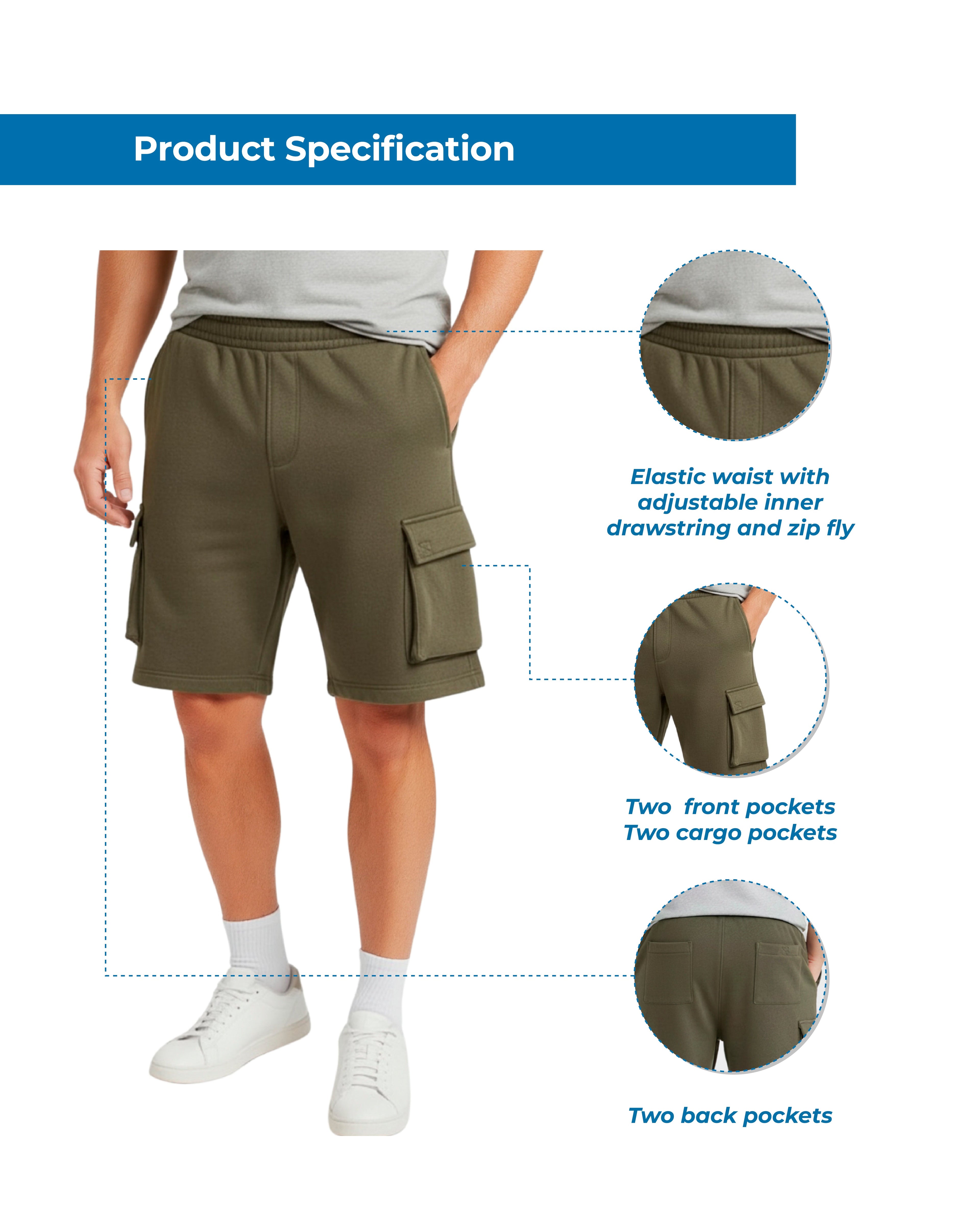 Men's Fleece Cargo Shorts — Elastic Waist Multi-Pocket Sweat Shorts
