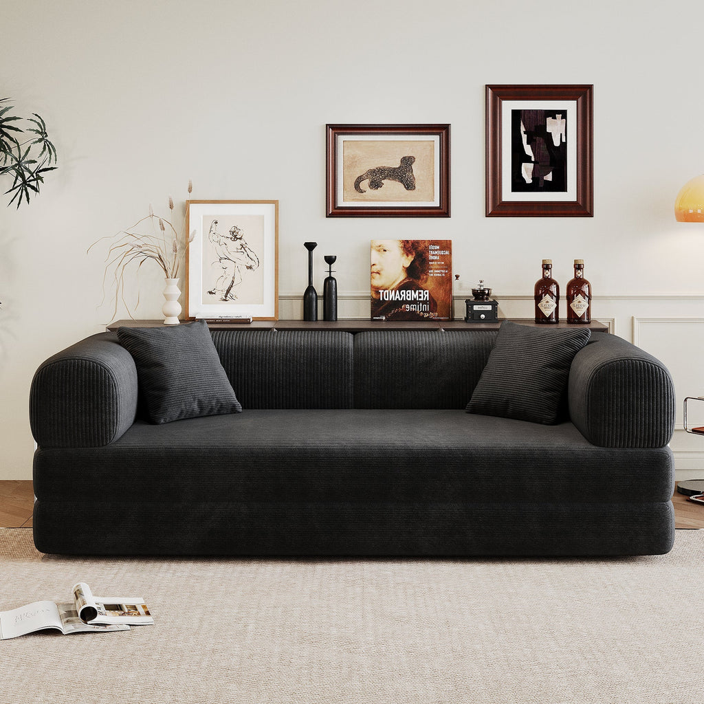 78.8' Compression Sofa,Convertible Floor Sofa Bed-with Pillow Back Support Armrest,Comfy Futon Couch Sleeper Bed,Loveseats Boneless Modular Sectional Sofa,Corduroy fabric,for Living Room,Bedroom,Black