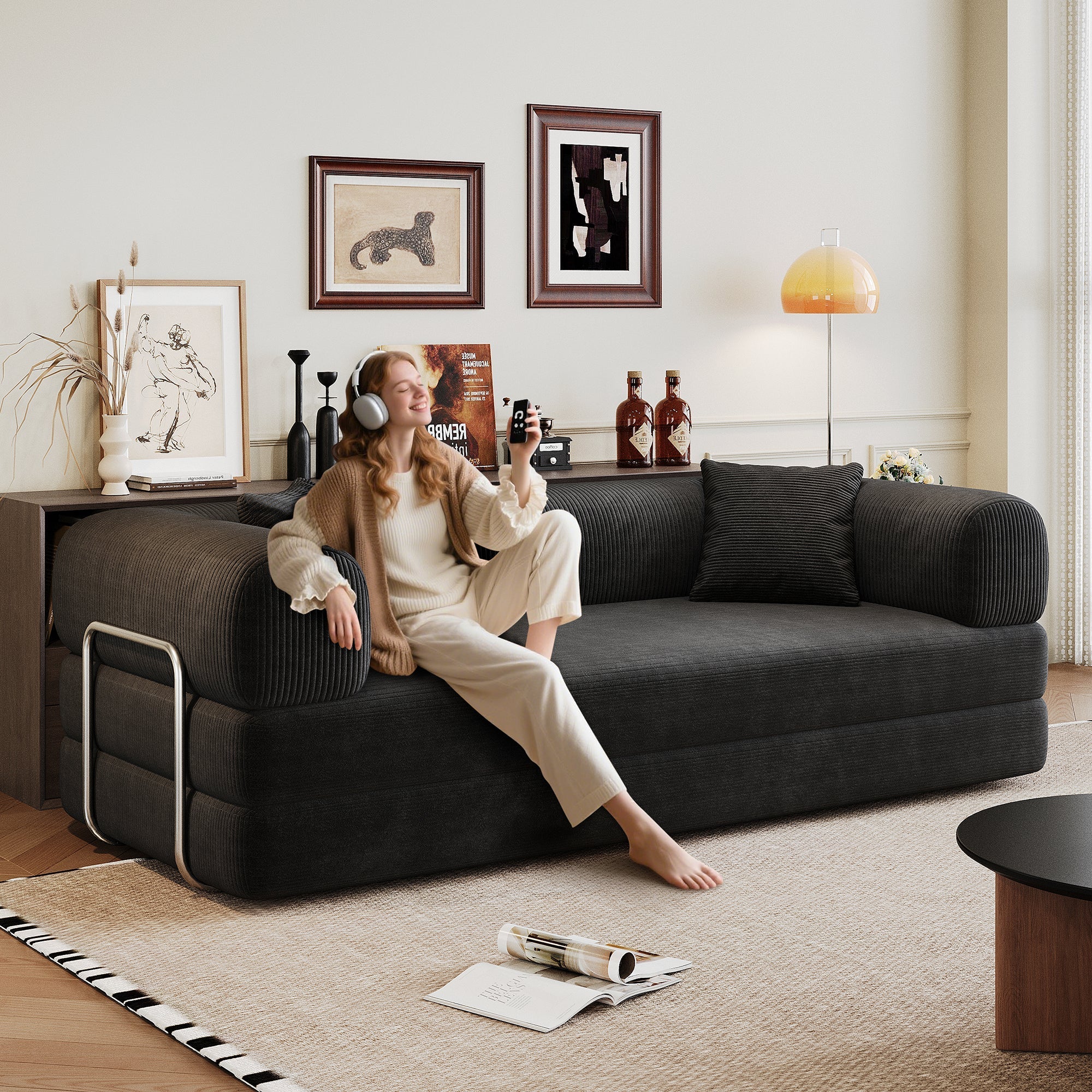 78.8' Compression Sofa,Convertible Floor Sofa Bed-with Pillow Back Support Armrest,Comfy Futon Couch Sleeper Bed,Loveseats Boneless Modular Sectional Sofa,Corduroy fabric,for Living Room,Bedroom,Black