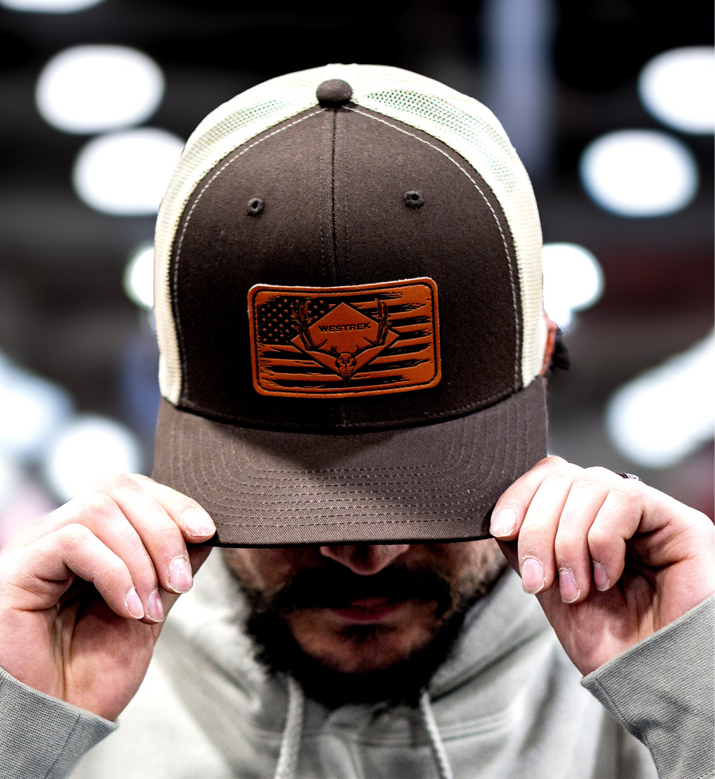 “American Skull Buck” Trucker Hat – Classic Leather Patch | Brown & Tan Western Hunting Cap | Westrek