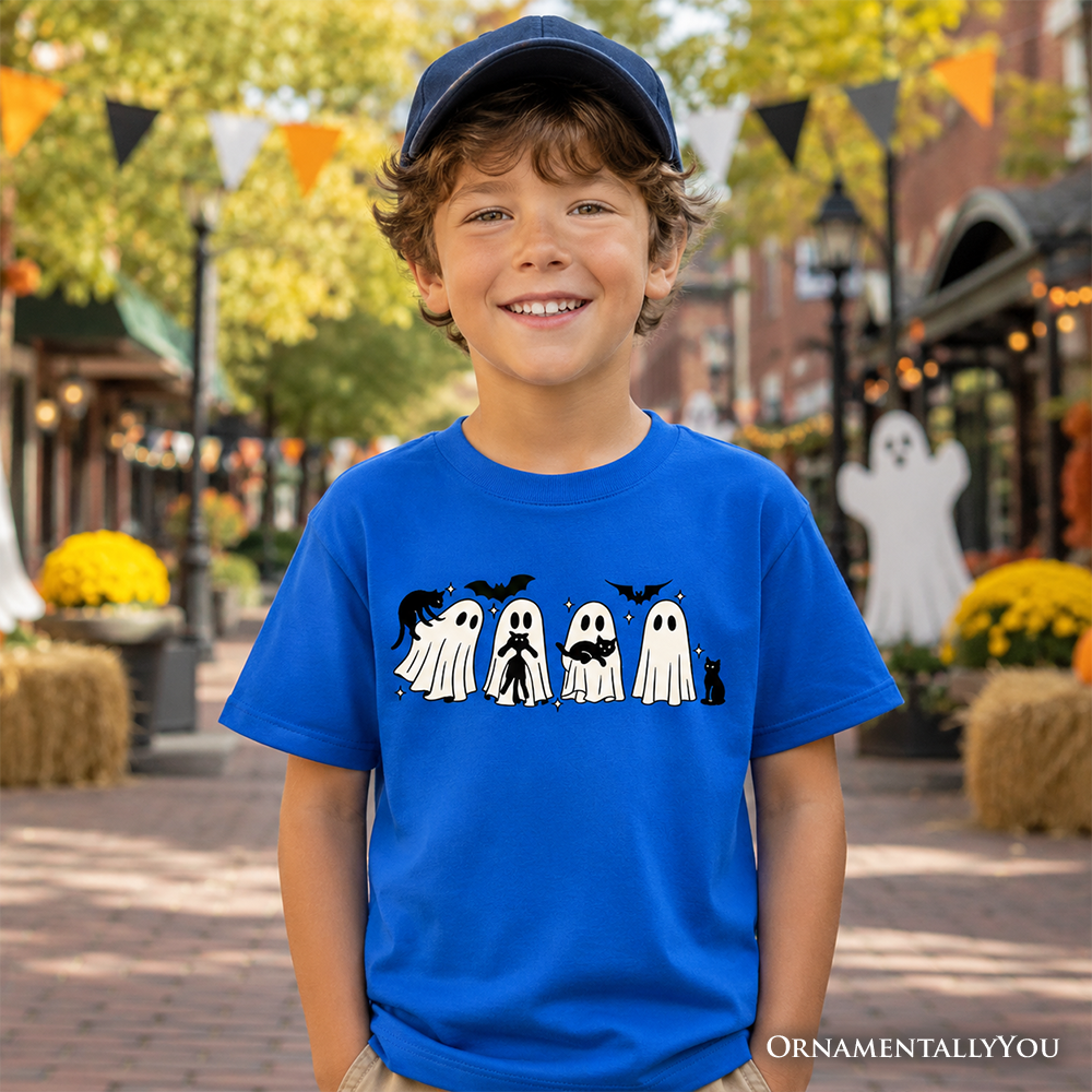 Kids Ghosts and Cats Spooky T-Shirt, Whimsical Halloween Tee for Youth