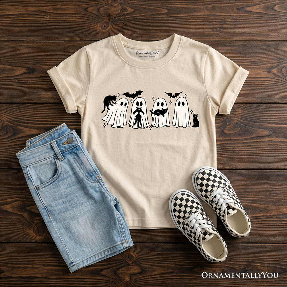 Kids Ghosts and Cats Spooky T-Shirt, Whimsical Halloween Tee for Youth