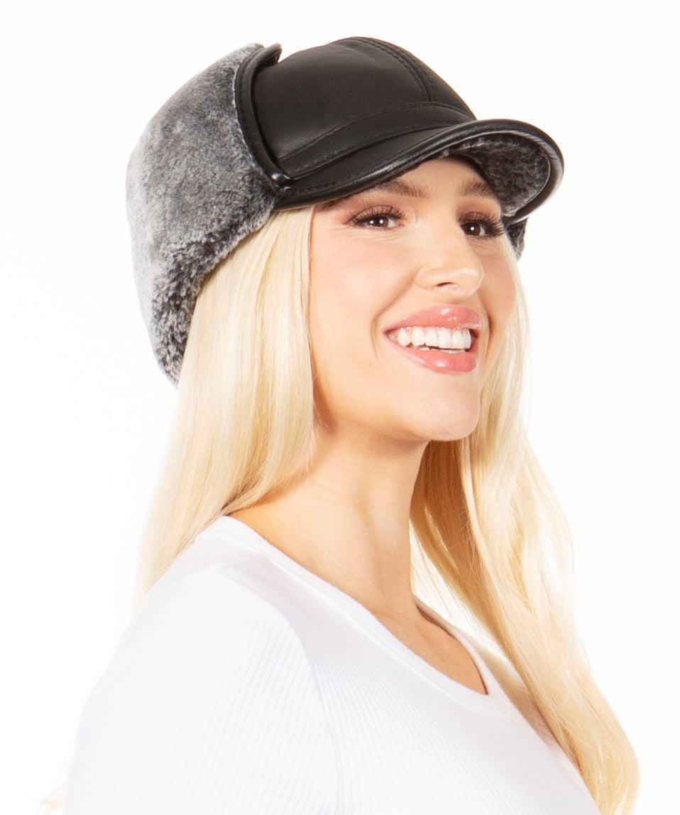 Sakkas Leather Shearling Unisex Aviator Trapper Winter Cap Ear Flaps Warm Ushanka Hunting Ski Snow Hat Faux Fur Chin Strap