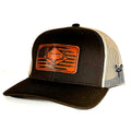 “American Skull Buck” Trucker Hat – Classic Leather Patch | Brown & Tan Western Hunting Cap | Westrek