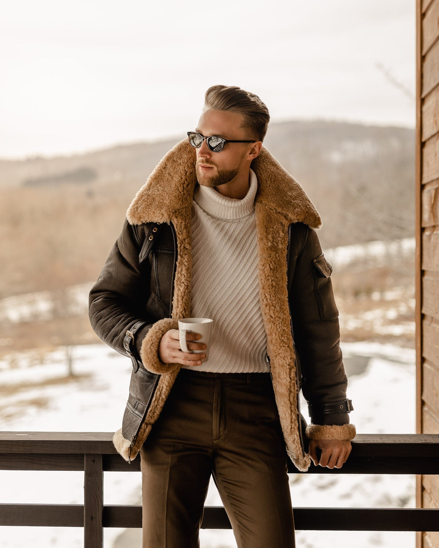 Men’s Brown B3 Flying Aviator Shearling Leather Long Jacket Coat