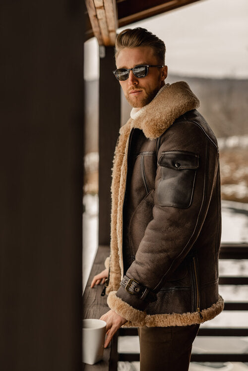 Men’s Brown B3 Flying Aviator Shearling Leather Long Jacket Coat