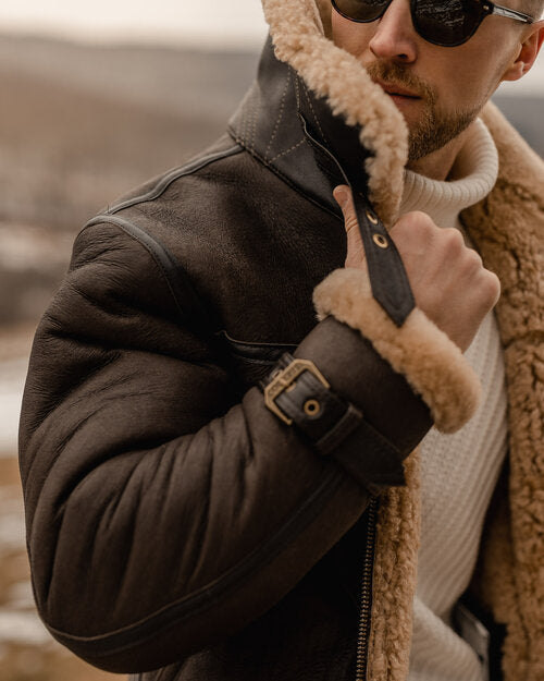 Men’s Brown B3 Flying Aviator Shearling Leather Long Jacket Coat