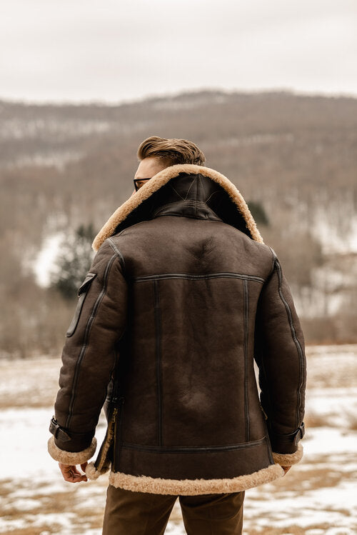 Men’s Brown B3 Flying Aviator Shearling Leather Long Jacket Coat