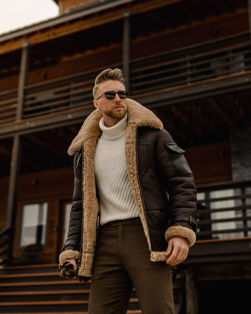 Men’s Brown B3 Flying Aviator Shearling Leather Long Jacket Coat