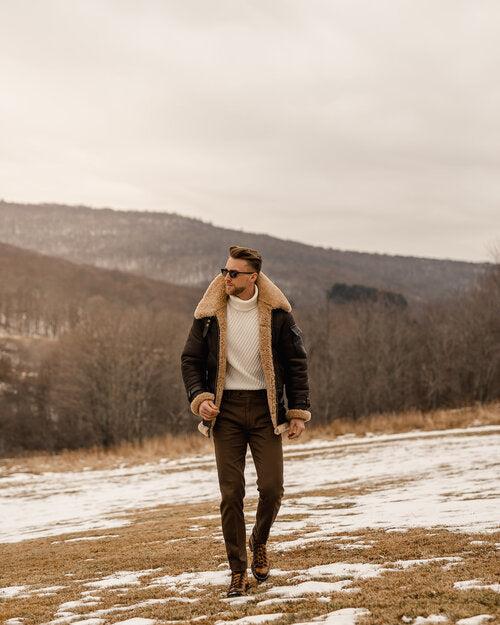 Men’s Brown B3 Flying Aviator Shearling Leather Long Jacket Coat
