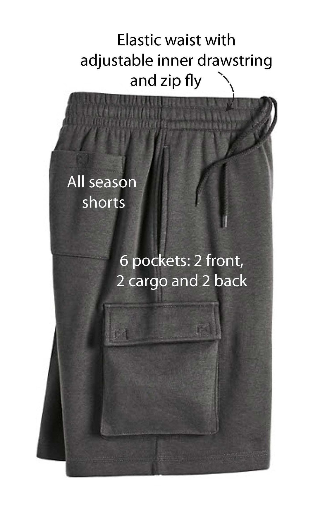 Men's Fleece Cargo Shorts — Elastic Waist Multi-Pocket Sweat Shorts