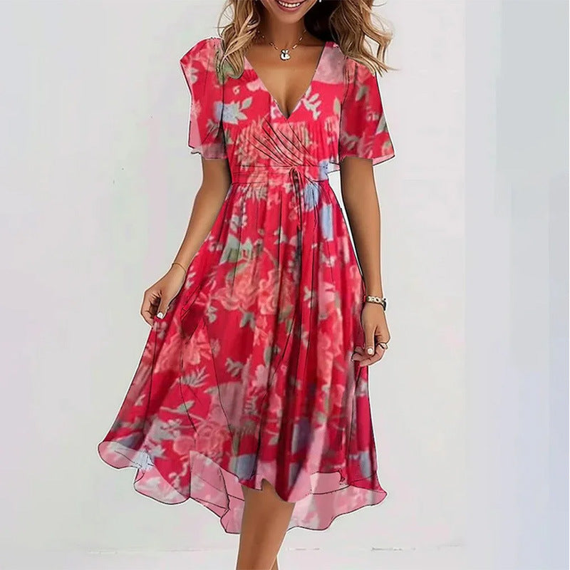 Floral Print A-Line Dress – V-Neck Short Sleeve Midi Dress