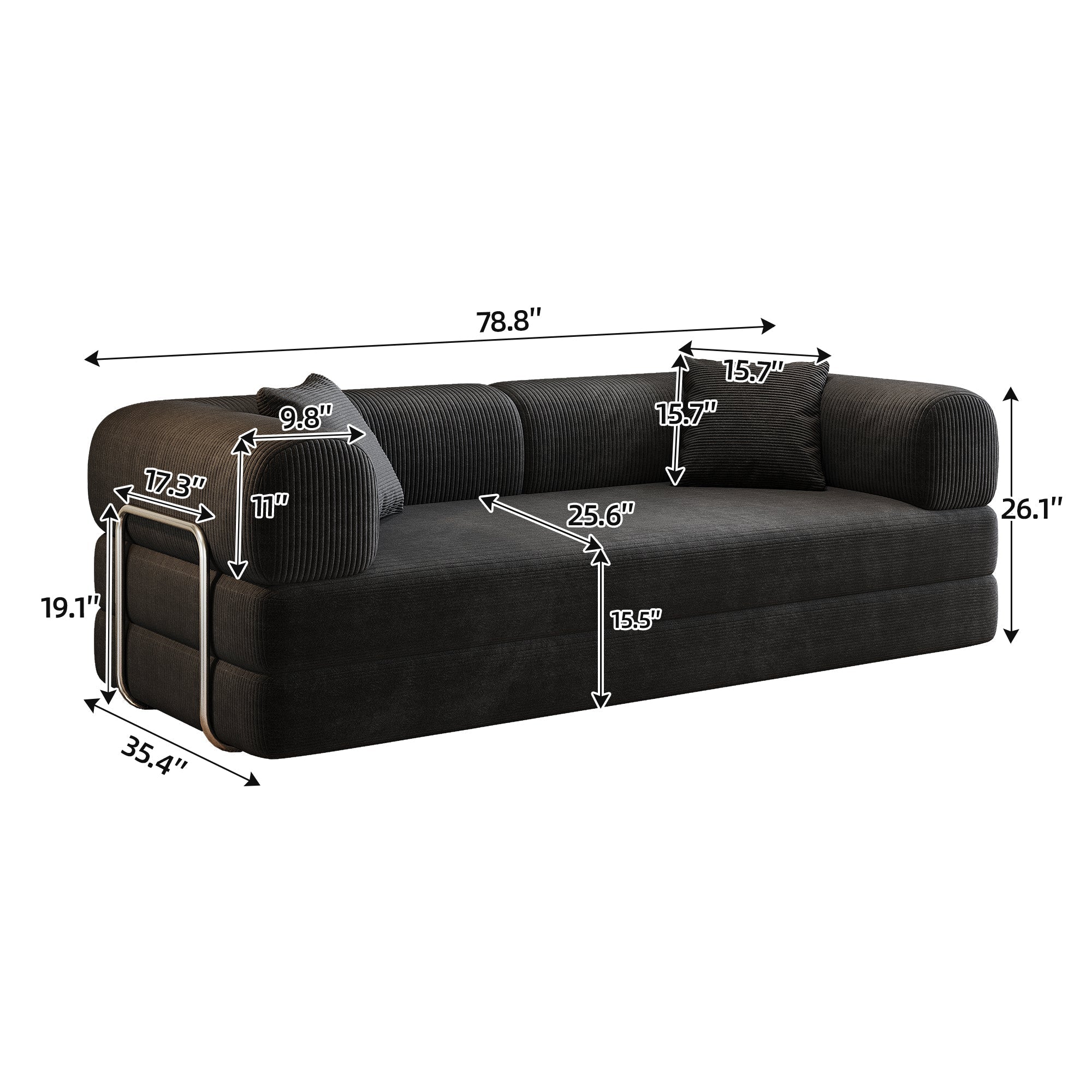 78.8' Compression Sofa,Convertible Floor Sofa Bed-with Pillow Back Support Armrest,Comfy Futon Couch Sleeper Bed,Loveseats Boneless Modular Sectional Sofa,Corduroy fabric,for Living Room,Bedroom,Black