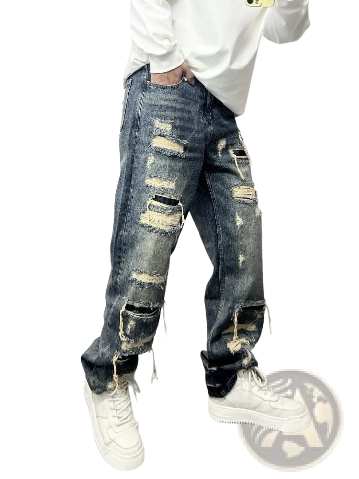 Men's Light Blue Distressed Ripped Patch Denim Jeans