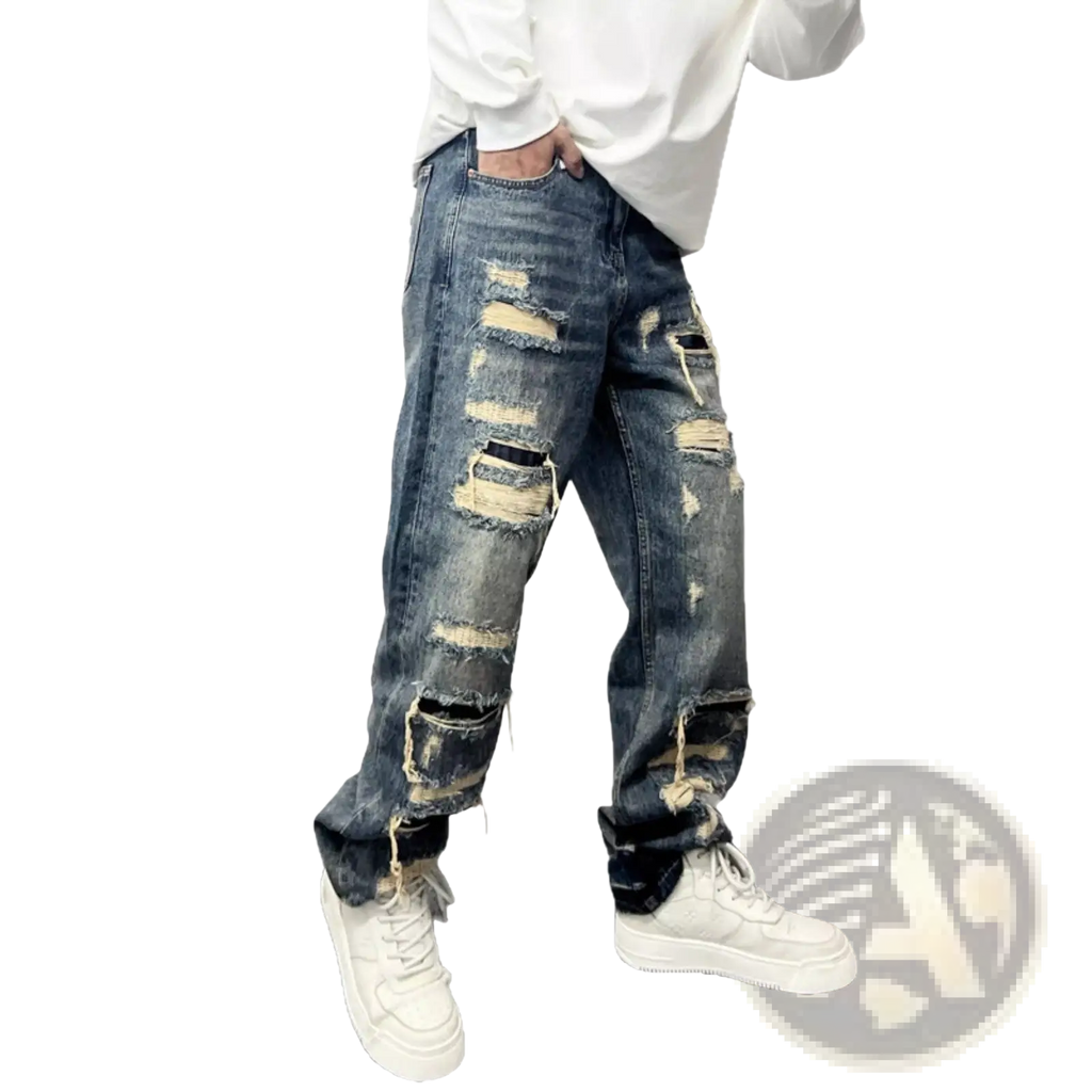 Men's Light Blue Distressed Ripped Patch Denim Jeans