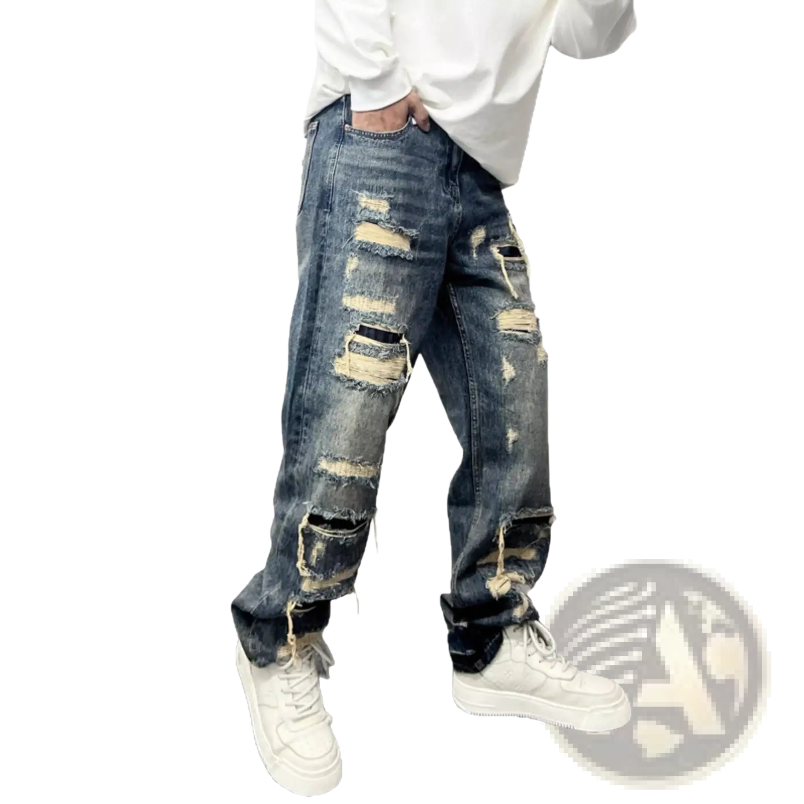 Men's Light Blue Distressed Ripped Patch Denim Jeans