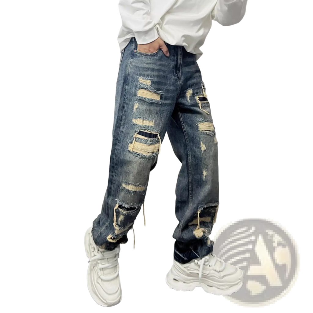 Men's Light Blue Distressed Ripped Patch Denim Jeans