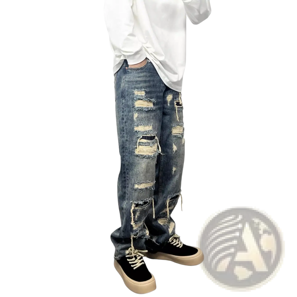 Men's Light Blue Distressed Ripped Patch Denim Jeans