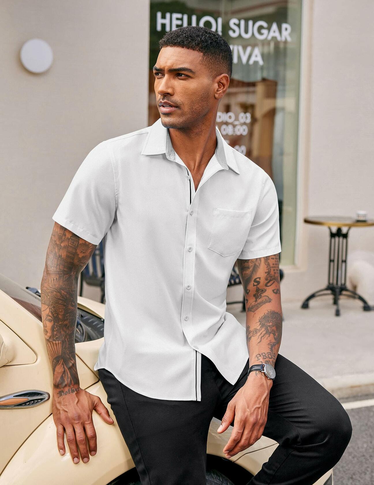 COOFANDY Men's Short Sleeve Button Up Shirt White Size M